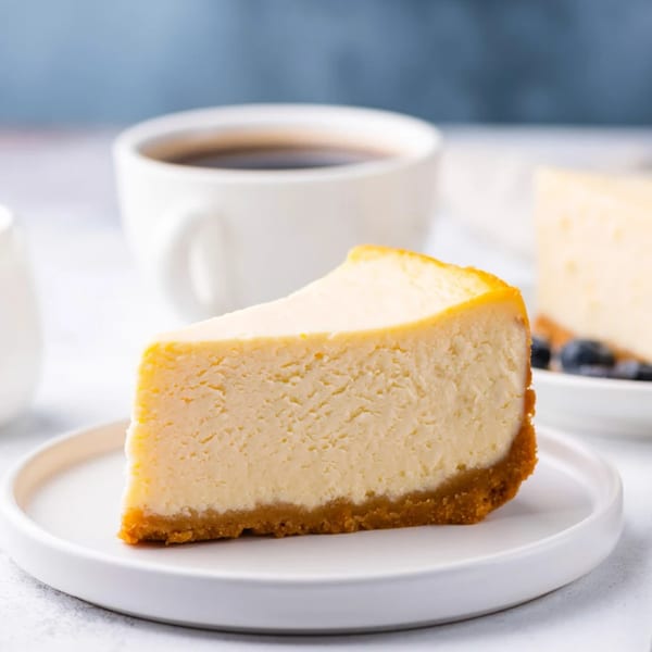 A slice of cheesecake with a graham cracker crust on a white plate, with coffee in the background.