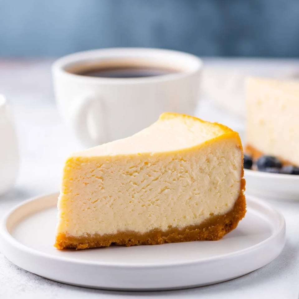 A slice of cheesecake with a graham cracker crust on a white plate, with coffee in the background.